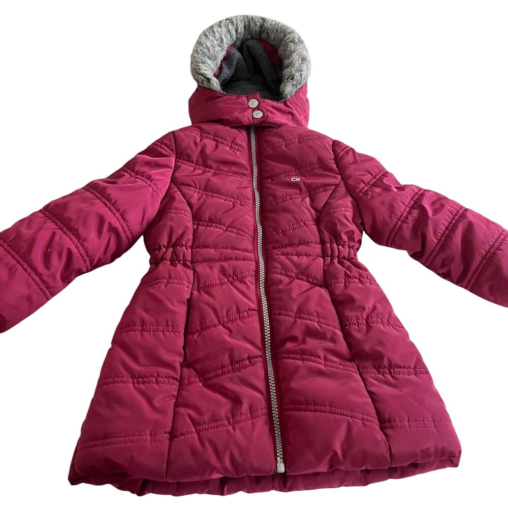 Calvin Klein Girls Long Puffer Coat Pink Berry Faux Fur Hood Size 3T